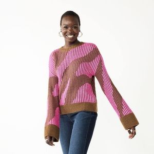 Nine West Patterned Crew Neck Sweater Pink Brown Small NWT